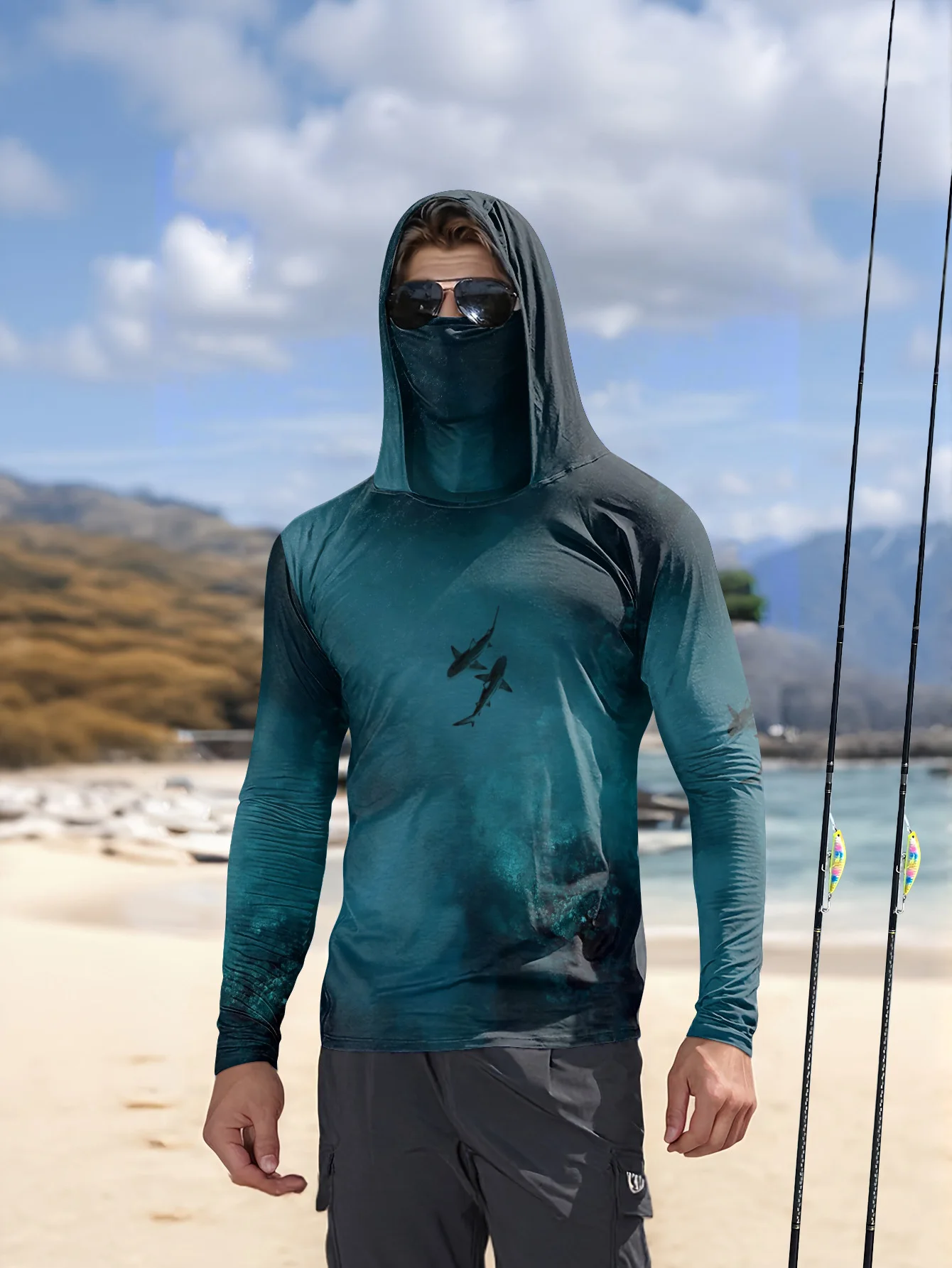 Fishing Mask Sun Protection - UPF50+ Men Fishing Hoodie With Built-in
